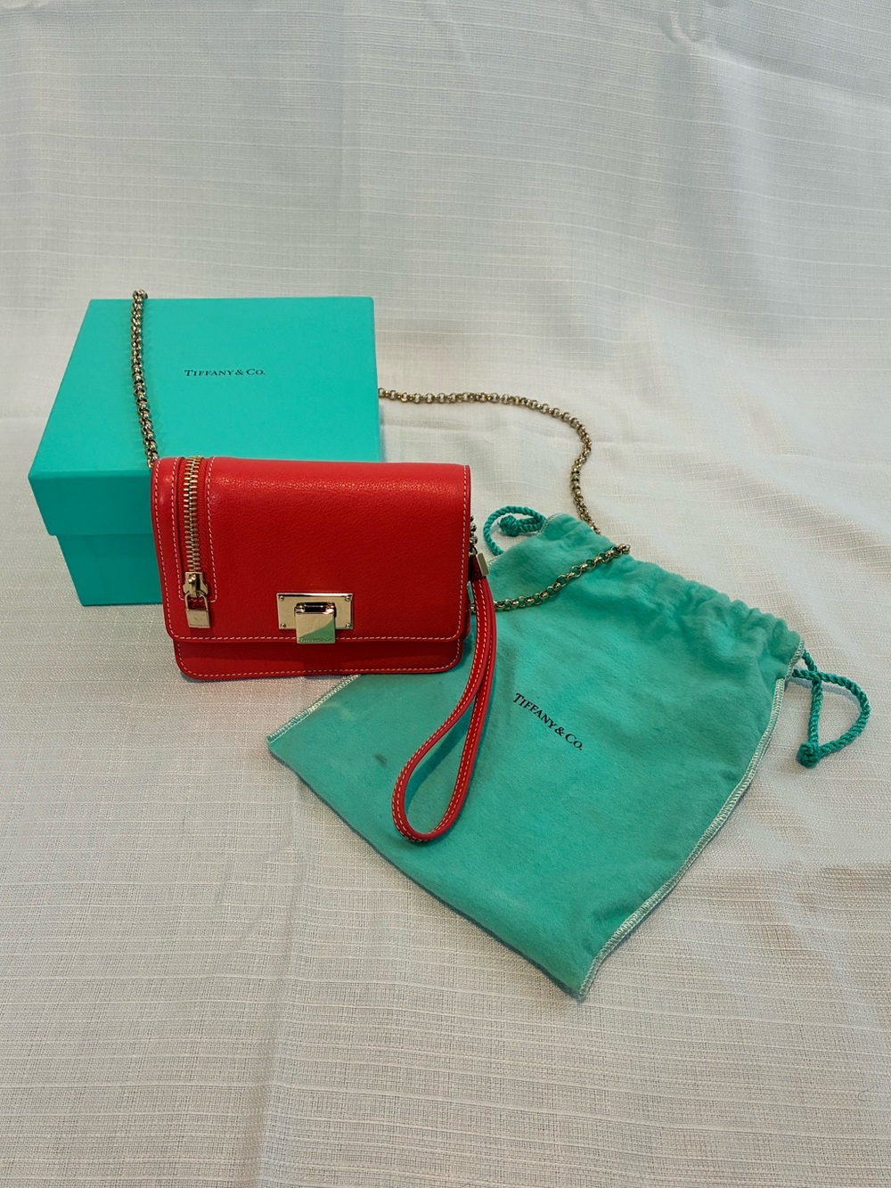 Tiffany & Co Coral Leather Crossbody Bag Wrist Strap Leather Gold Tone Hardware